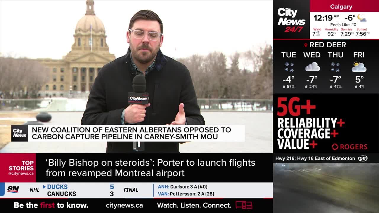 A reporter stands in front of the Alberta Legislature Building, holding a CityNews microphone. On the screen, a headline reads "NEW COALITION OF EASTERN ALBERTRANS OPPOSED TO CARBON CAPTURE PIPELINE IN CARNEY-SMITH MOU."