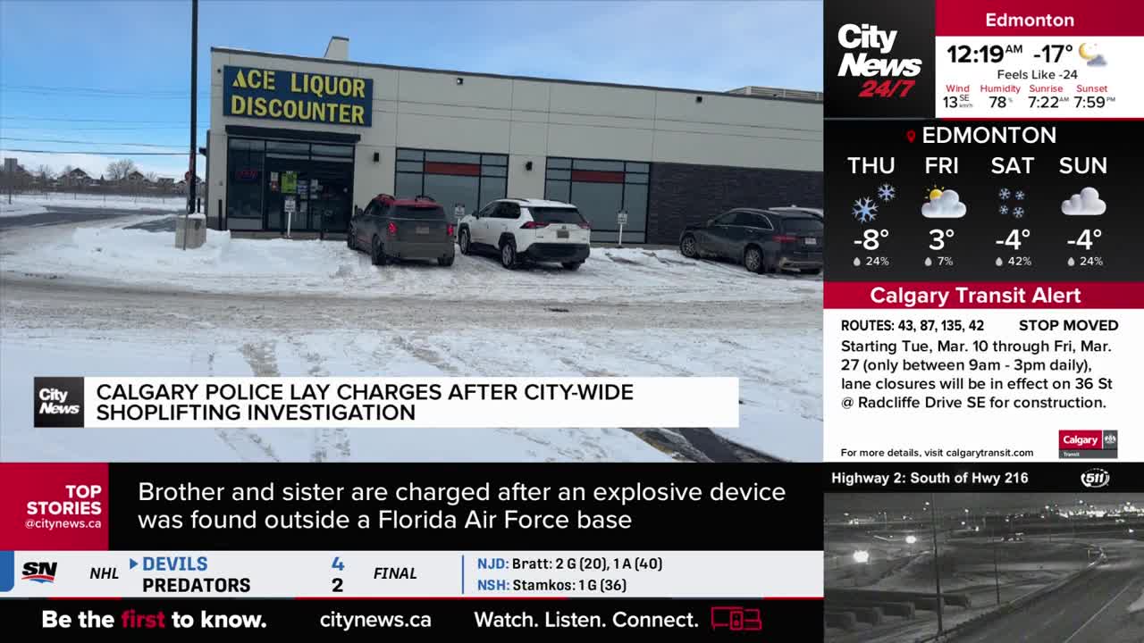 A few cars are parked in front of a snow-covered building with "ACE LIQUOR DISCOUNTER" on its sign. A CityNews Calgary banner states that Calgary police are laying charges after a shoplifting investigation.