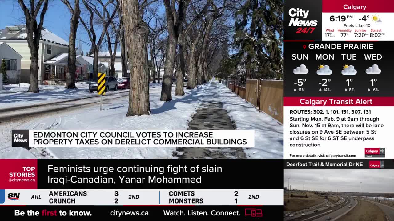 A car turns onto a snow-dusted street lined with bare trees. The CityNews Calgary graphic shows a chilly -4 degrees Celsius.