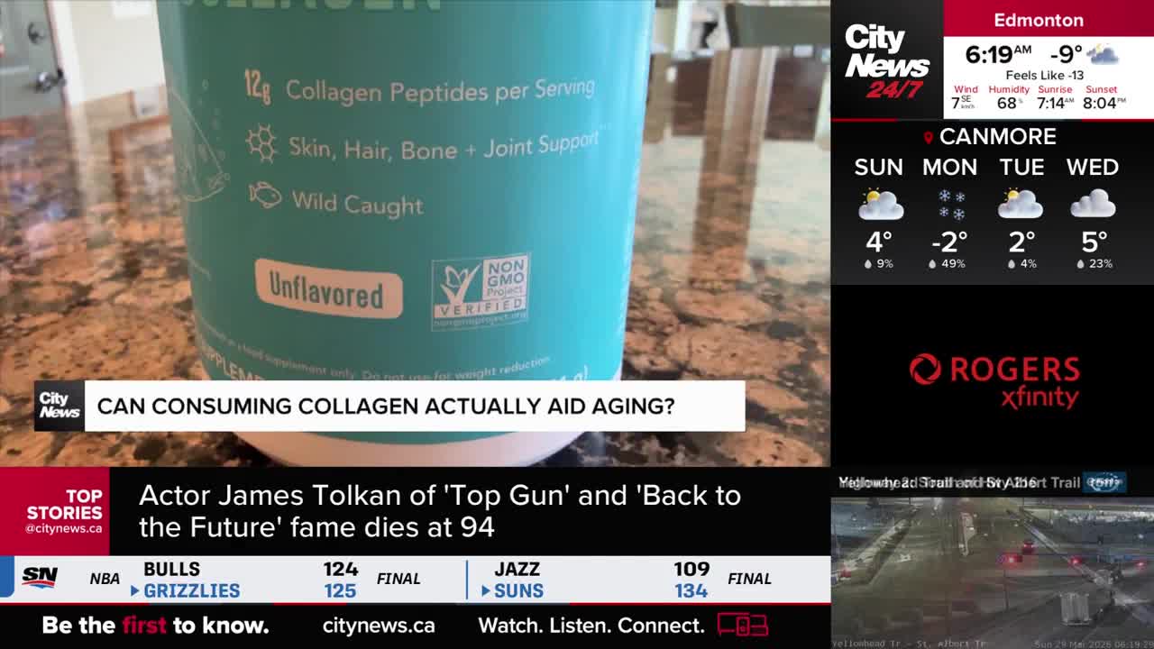A large turquoise container of unflavored collagen peptides sits on a speckled countertop. CityNews Calgary's broadcast displays weather for Edmonton and Canmore, along with sports scores and a traffic camera feed.