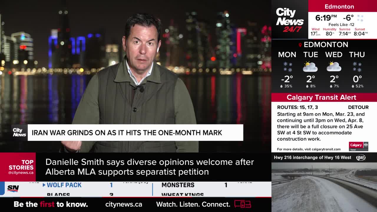 A man in a vest speaks directly to the camera, a city skyline behind him. On the screen, a Calgary Transit Alert details upcoming road closures.