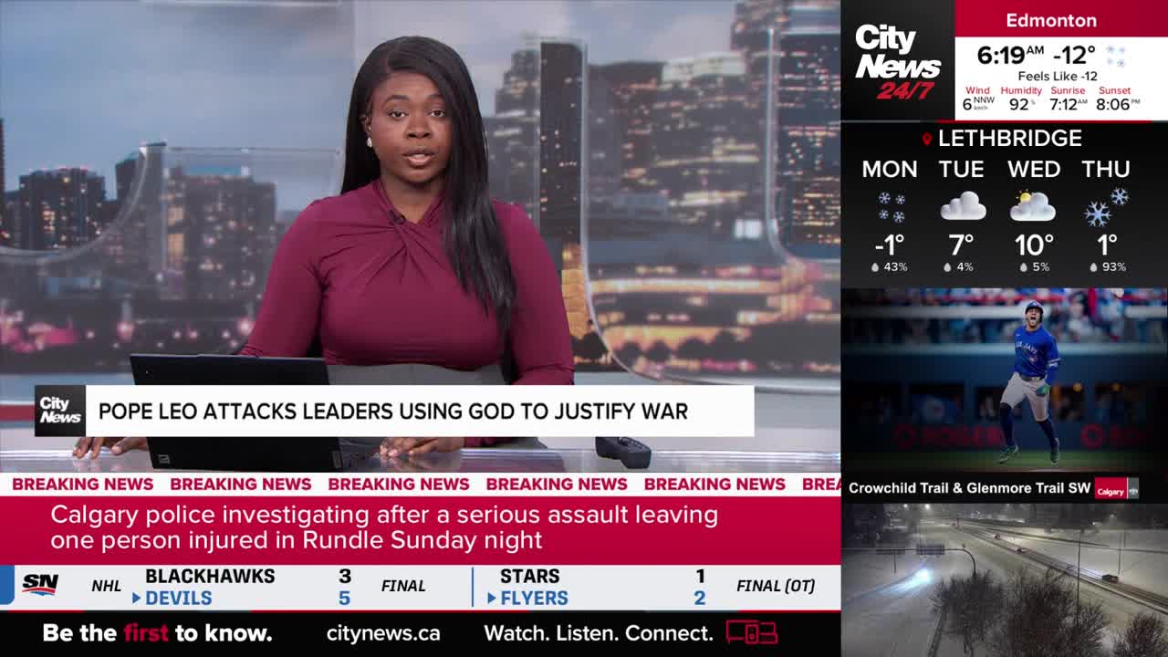 A news anchor reports on a serious assault in Calgary. On the right, weather forecasts for Edmonton and Lethbridge are displayed, along with a baseball player and a snowy highway scene.