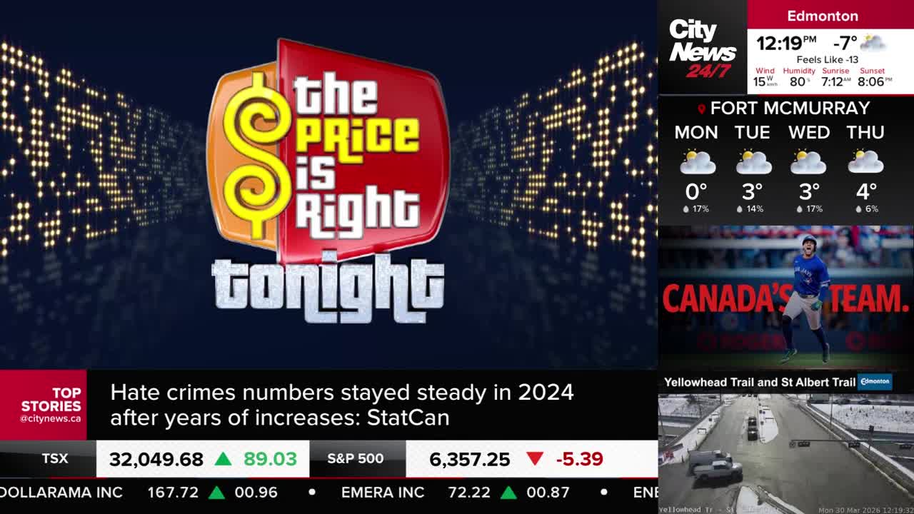 The CityNews Calgary screen displays the logo for "The Price Is Right Tonight." A baseball player in a blue uniform runs across a field with "CANADA'S TEAM." emblazoned behind him.
