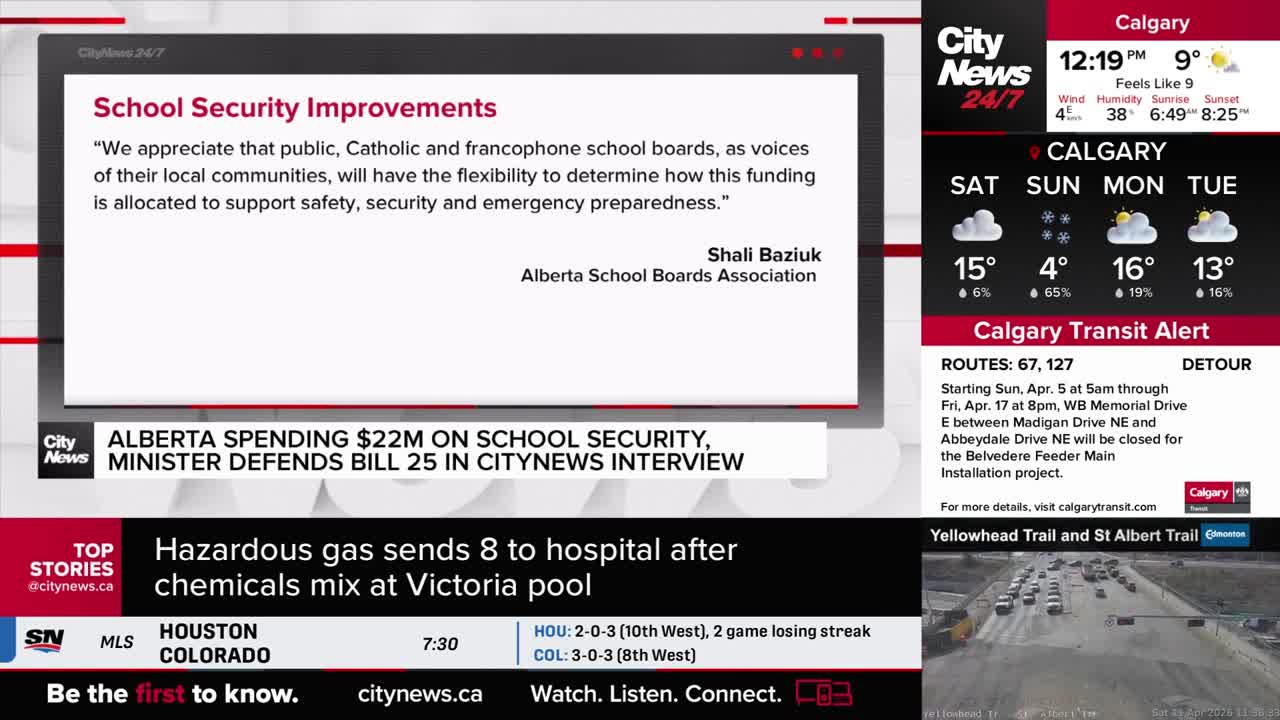 The CityNews Calgary screen displays a quote about school security improvements. Below that, a headline announces Alberta's $22 million spending on school security.