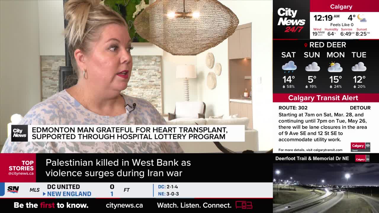 A woman speaks from inside a bright room, while a CityNews overlay details a story about an Edmonton man's heart transplant. On the right, a Calgary weather report shows a cloudy forecast for Red Deer.