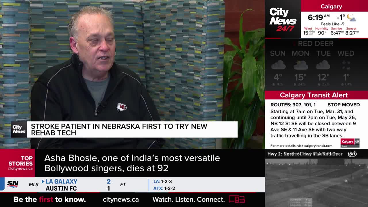 A man with grey hair speaks directly to the camera, seated against a wall of colourful tiles. A CityNews Calgary overlay displays weather updates for Calgary and Red Deer, along with a transit alert.