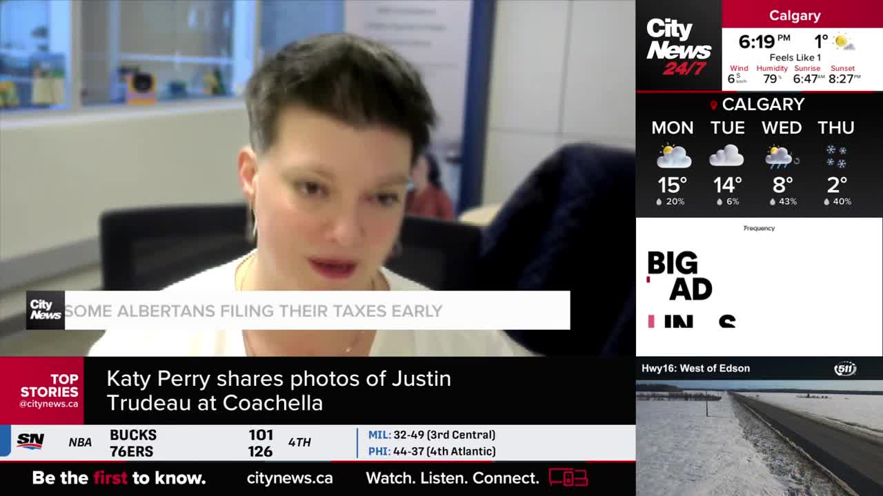 A woman speaks on screen, with "Some Albertans Filing Their Taxes Early" displayed below her. A weather forecast for Calgary shows a cold, snowy Thursday.