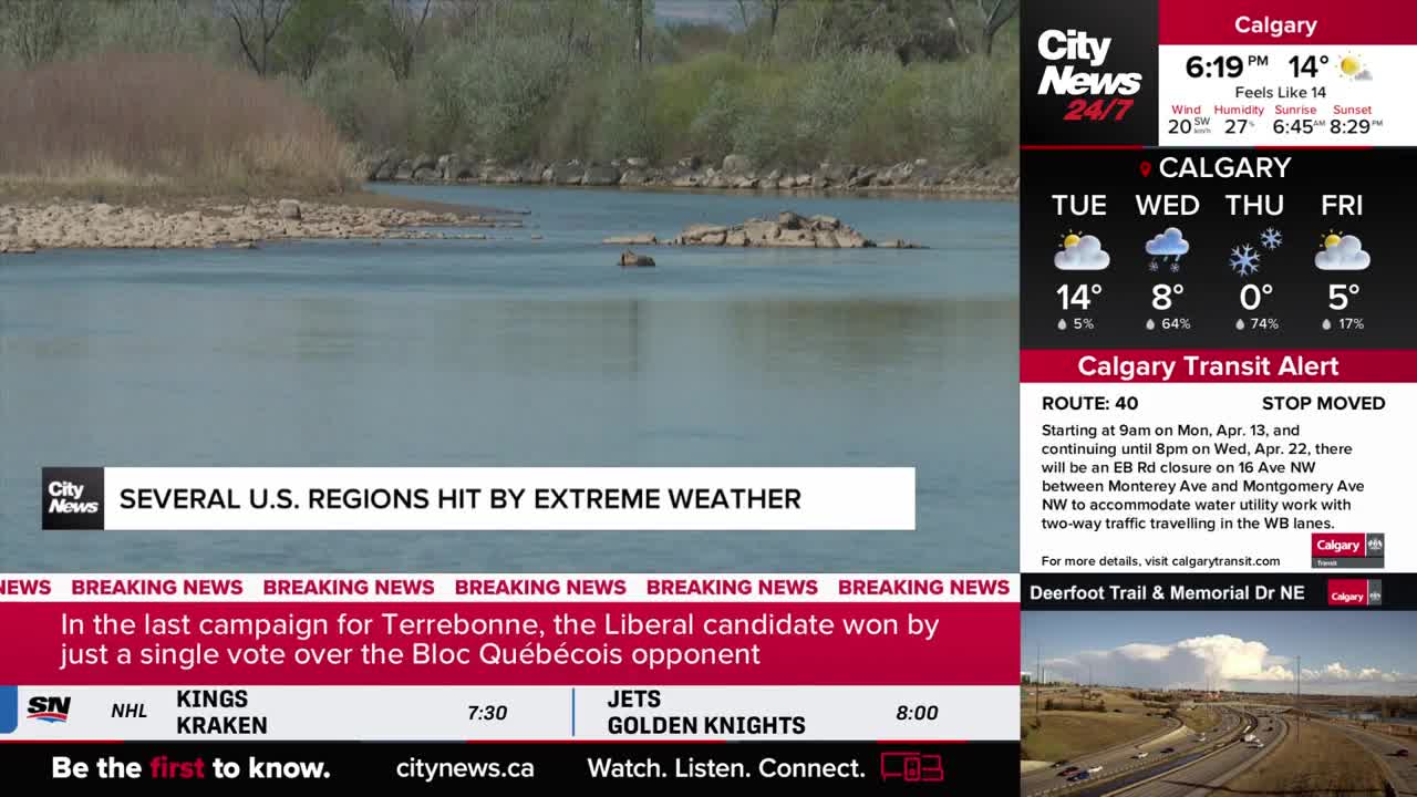 Calgary's weather forecast shows clouds and rain for Tuesday and Wednesday, with a sharp drop to 0 degrees and snow on Thursday. A CityNews Calgary alert details a Route 40 transit closure impacting traffic on 16 Ave NW.