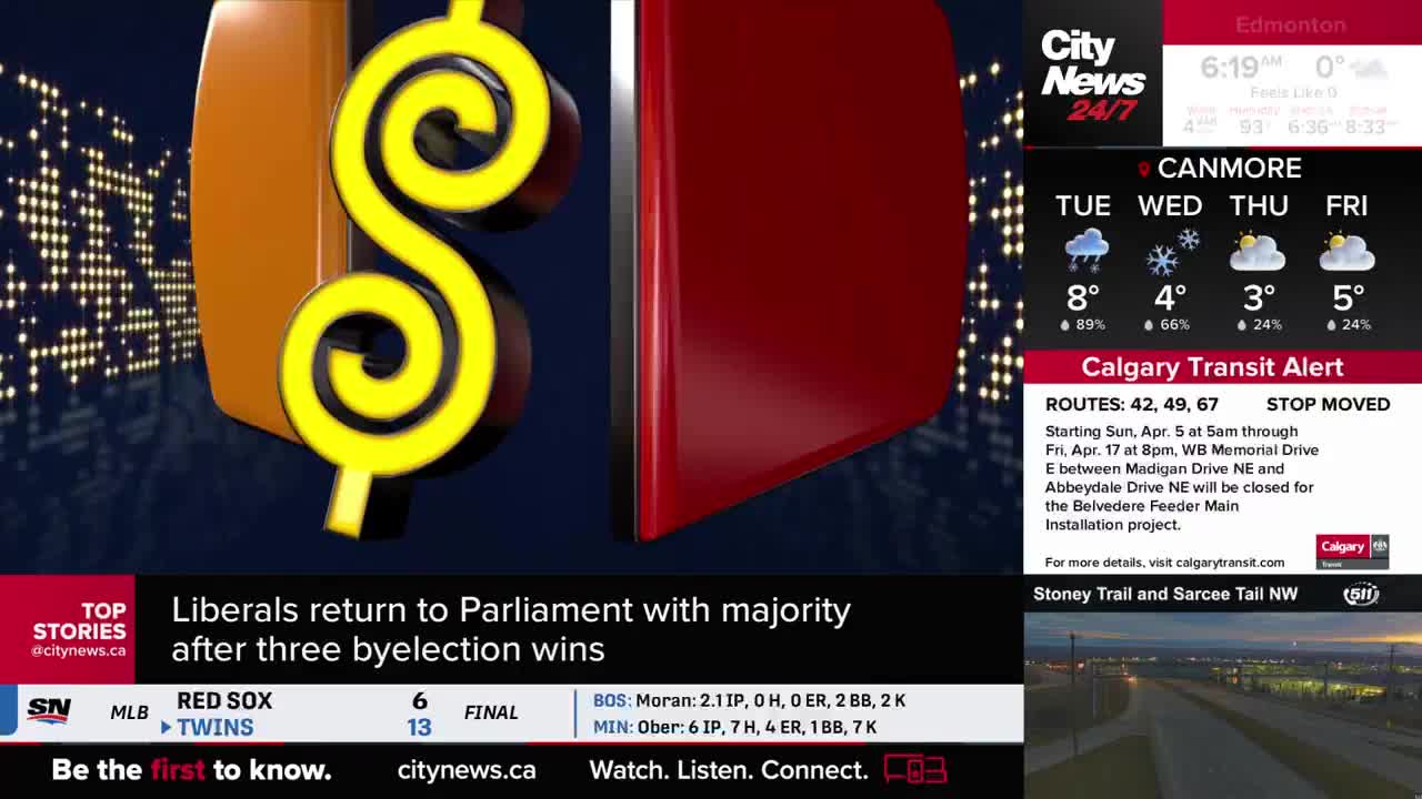 A large, gold dollar sign with a red shape behind it dominates the screen. CityNews Calgary is reporting that Liberals have returned to Parliament.