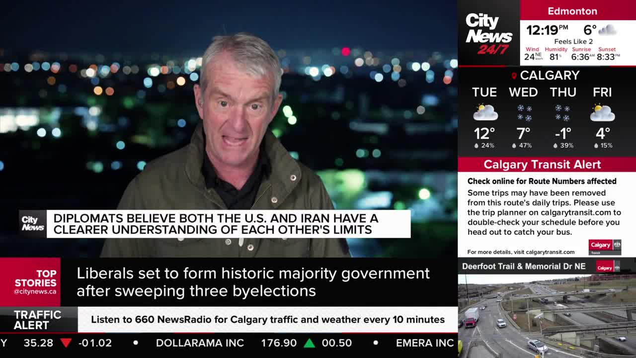 A man in a green jacket speaks directly to the camera, set against a backdrop of city lights. Below him, a CityNews Calgary chyron announces election results and a traffic alert.