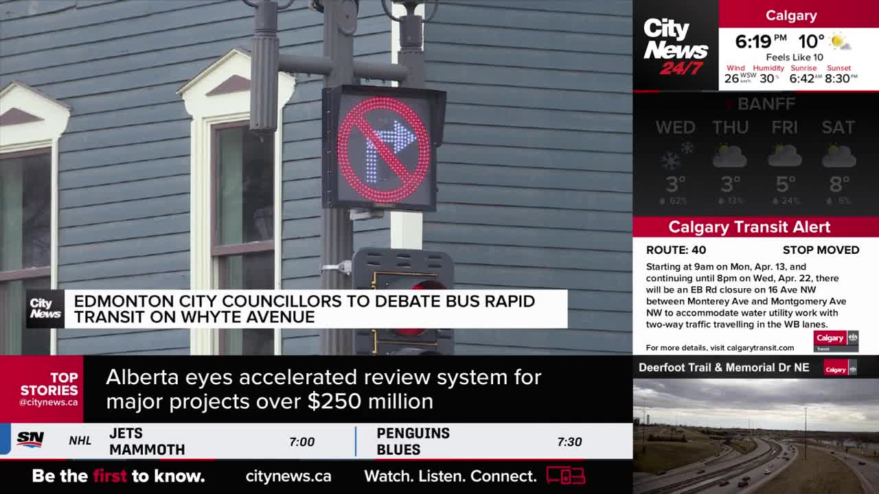 A traffic signal displays a red circle with a diagonal line over a right-turning arrow, indicating no right turn. Below, a CityNews banner announces Edmonton City Councillors will debate bus rapid transit on Whyte Avenue.