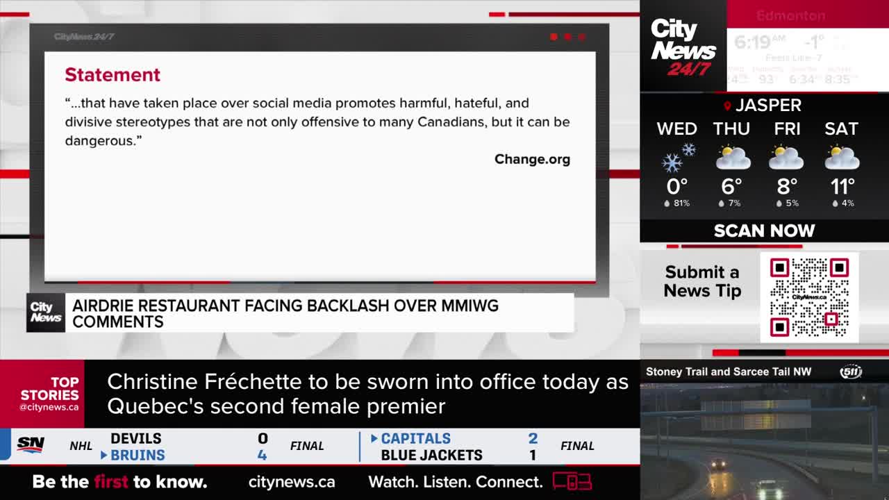 A statement about social media promoting harmful stereotypes is displayed. An Airdrie restaurant is facing backlash over MMIWG comments.