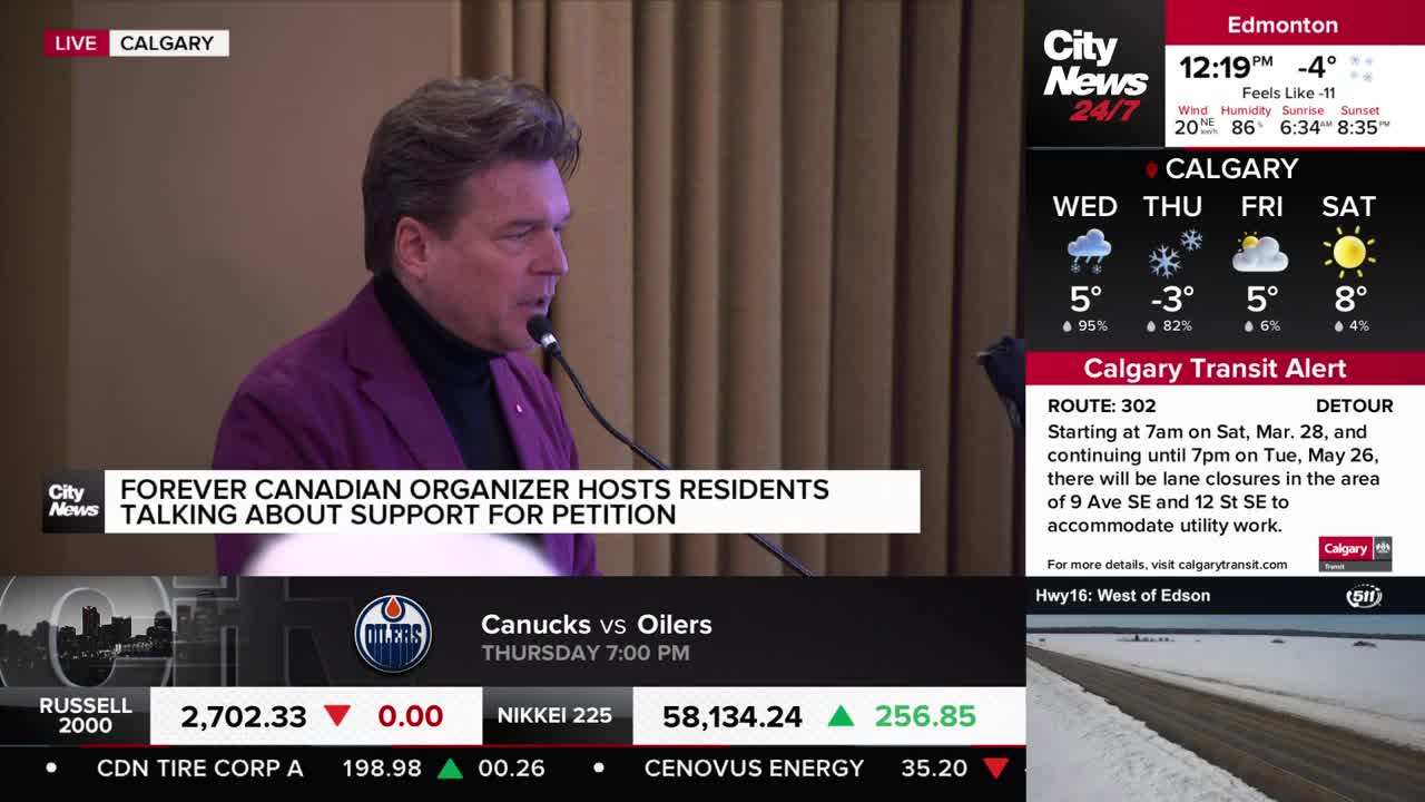 A man in a purple jacket speaks into a microphone, his words displayed on a CityNews Calgary banner. A weather forecast for Calgary shows a mix of rain and sun for the upcoming days.