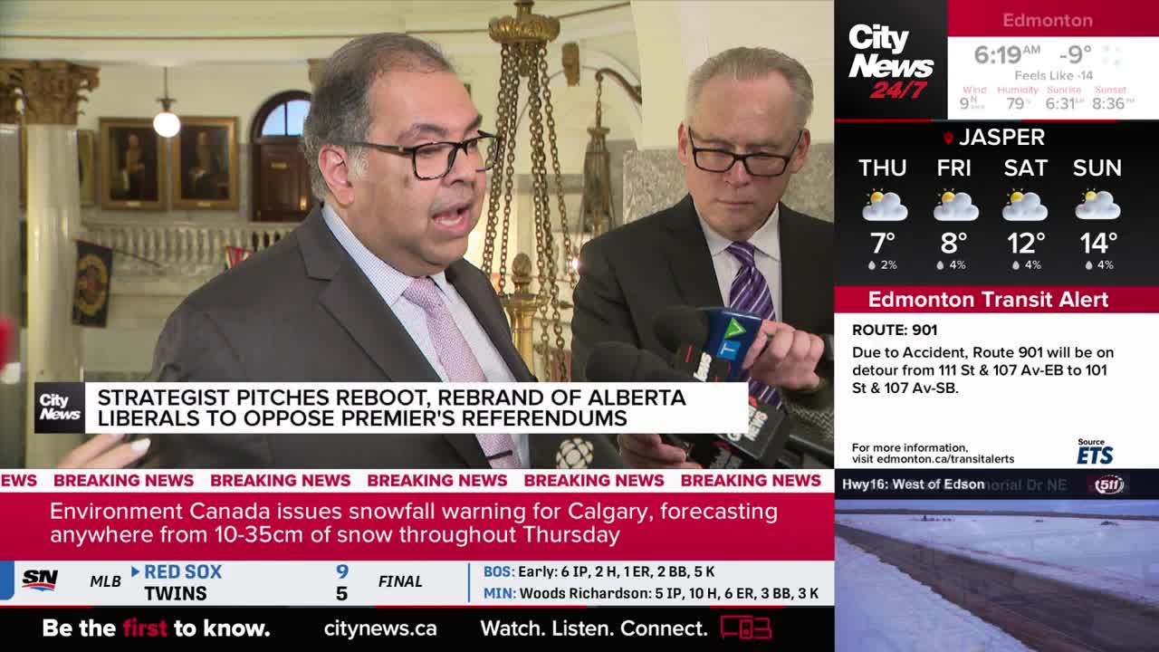 A man in a suit and glasses speaks into a microphone while another man stands beside him. A CityNews Calgary chyron reads "STRATEGIST PITCHES REBOOT, REBRAND OF ALBERTA LIBERALS TO OPPOSE PREMIER'S REFERENDUMS."