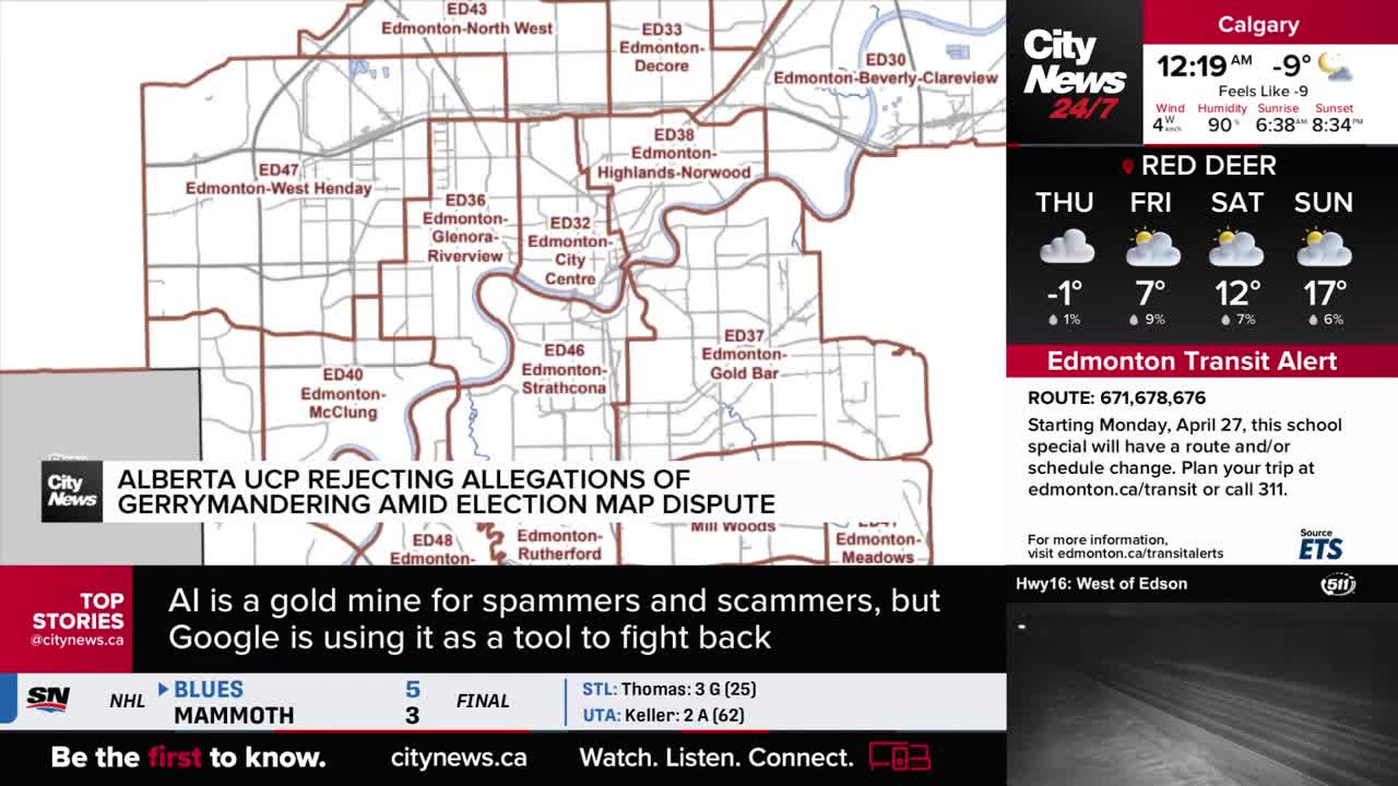 A map of Edmonton electoral districts is displayed, with the UCP rejecting allegations of gerrymandering. A CityNews Calgary weather report shows a cold day in Calgary with a high of -9 degrees Celsius.