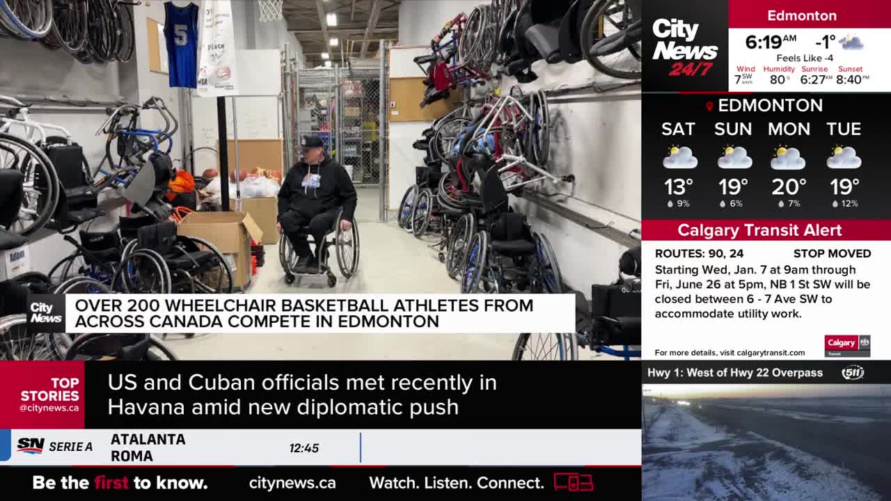 A man in a wheelchair navigates through a room filled with other wheelchairs, some hanging from racks. CityNews Calgary reports over 200 wheelchair basketball athletes from across Canada are competing in Edmonton.