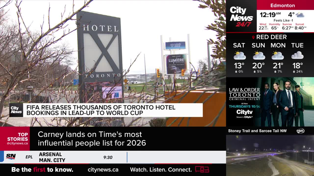 A large sign for a Toronto hotel stands against a bright sky. On the right, CityNews Calgary displays weather forecasts for Edmonton and Red Deer, along with a preview of "Law & Order Toronto: Criminal Intent."