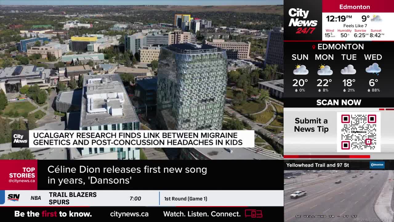 Cars move along a highway under a bright, clear sky. A CityNews Calgary overlay shows a report on UCalgary research and current Edmonton weather.