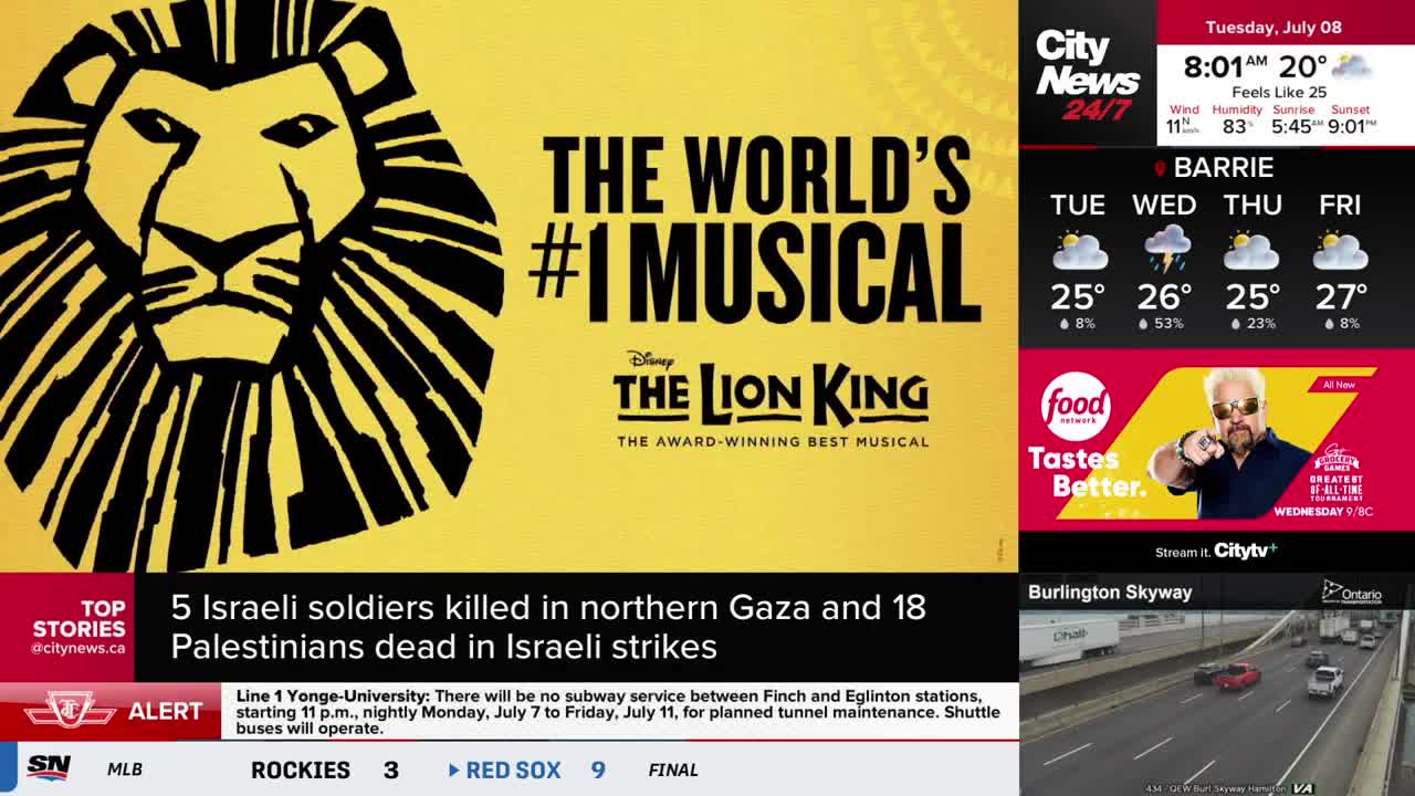 A stylized lion's face and "The Lion King" musical promotion dominate the left side of the CityNews Toronto screen. The top right displays the weather forecast for Barrie, while a news ticker at the bottom reports on events in Gaza.
