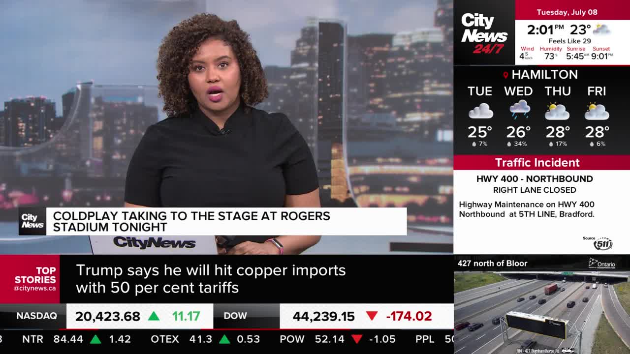 A CityNews Toronto anchor, framed against a cityscape, delivers the news. The screen shows a weather forecast for Hamilton, and a traffic alert about a highway closure.

