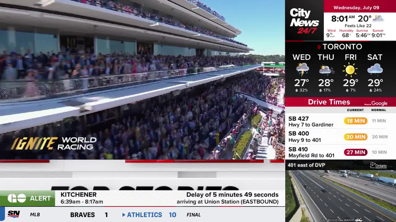 The grandstand is packed with people, a sea of faces watching the track. CityNews Toronto's weather report shows a sunny forecast for the weekend.
