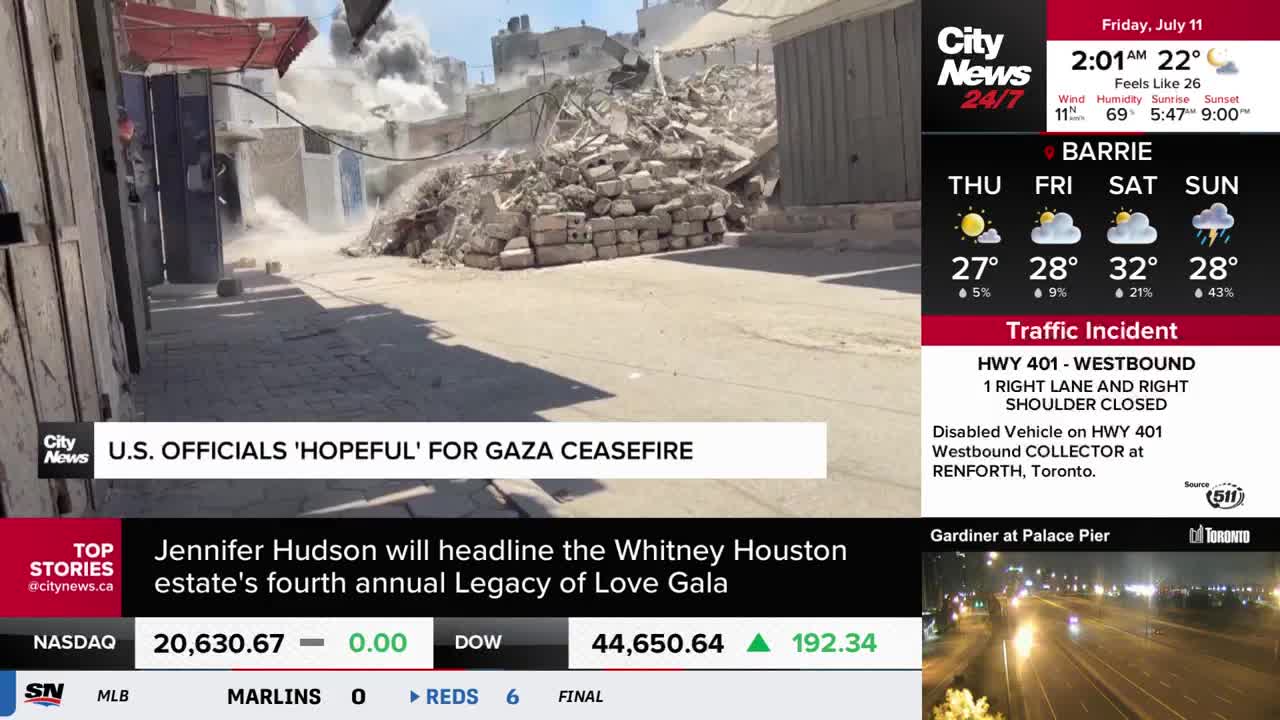 Debris from a collapsed building sits in the street, with dust still billowing into the air.  CityNews Toronto is reporting on the hope for a Gaza ceasefire as the rubble settles.
