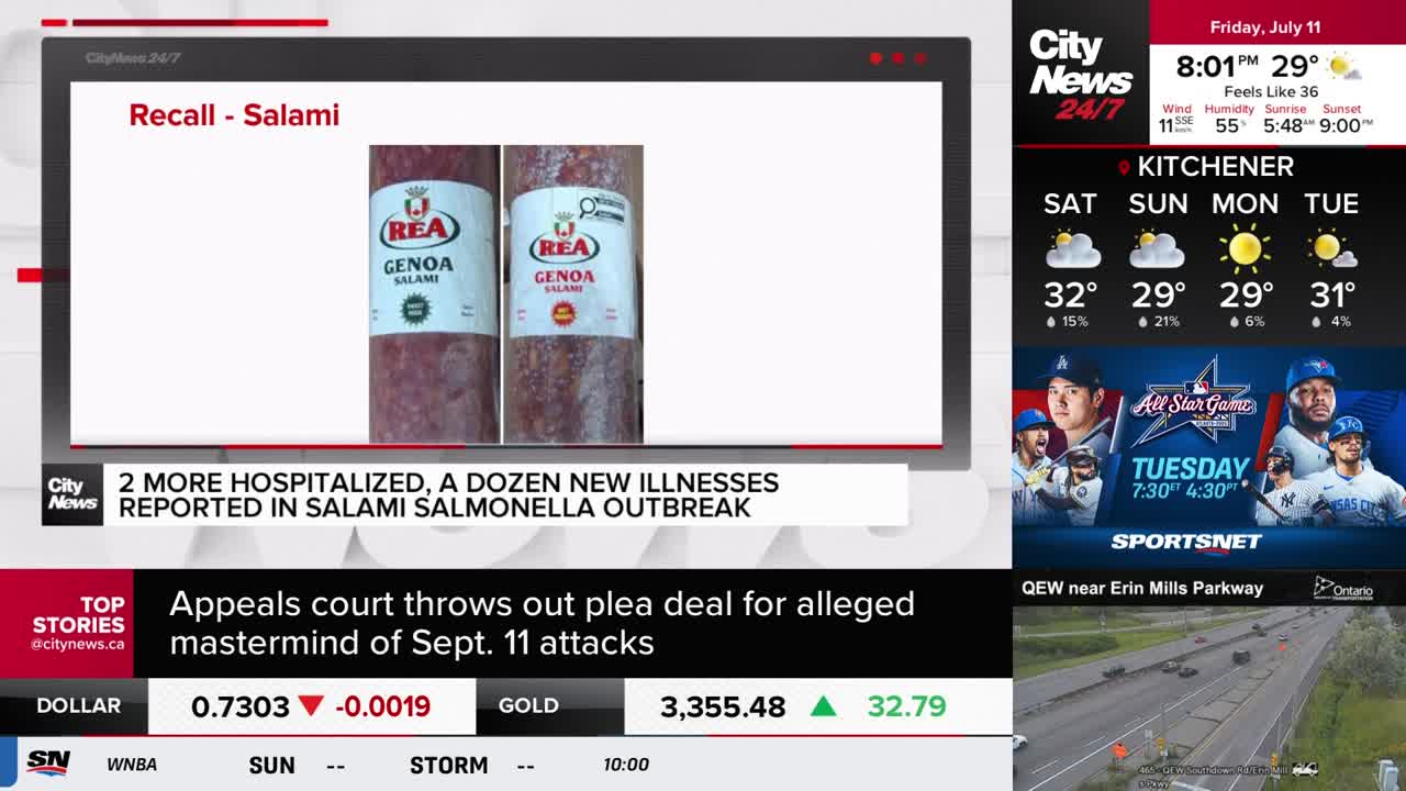 CityNews Toronto is reporting on a salami recall, showing two labelled Genoa salami sausages. The screen also displays a weather forecast for Kitchener and a story about the Sept. 11 attacks.
