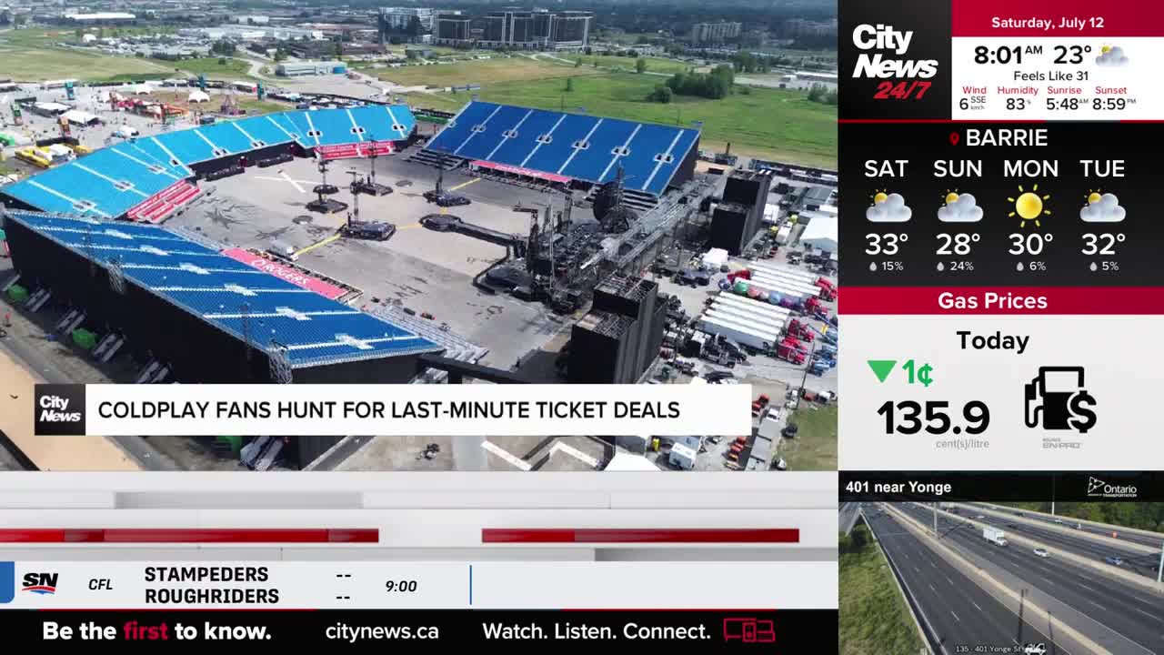 From CityNews Toronto, the stadium is mostly empty, but the stage is set for a concert. The headline says fans are looking for last-minute ticket deals.

