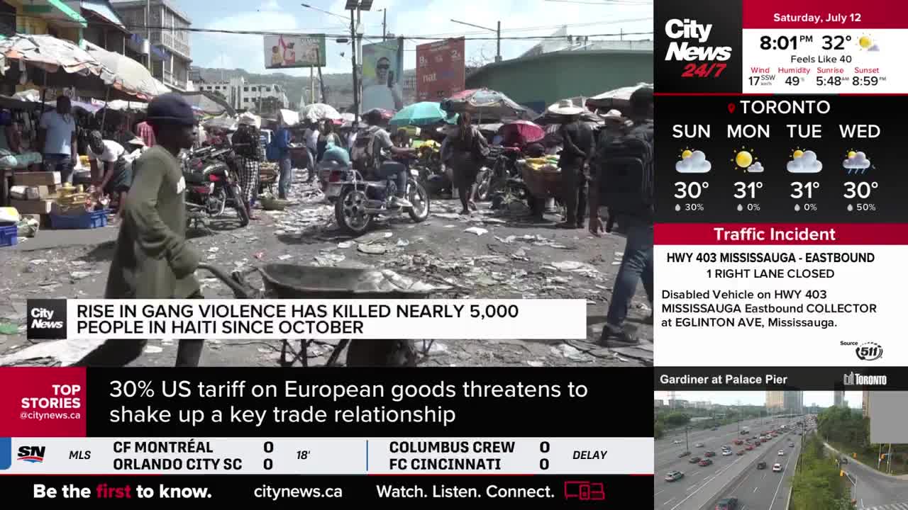 People are milling about a busy market, some pushing carts and others on motorcycles. CityNews Toronto is reporting on the gang violence in Haiti, with a weather forecast for Toronto displayed on the right.
