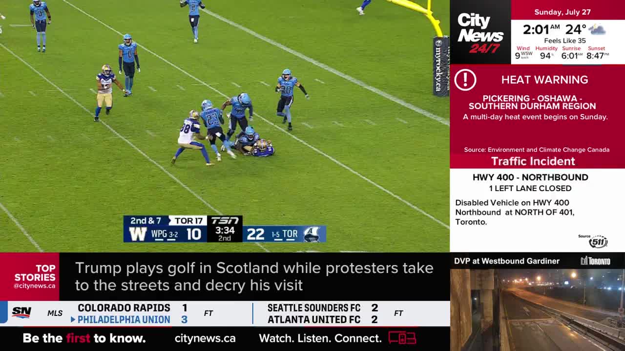 A tackle has brought a player down near the goal line. The scoreboard on CityNews Toronto shows the Toronto team is ahead.
