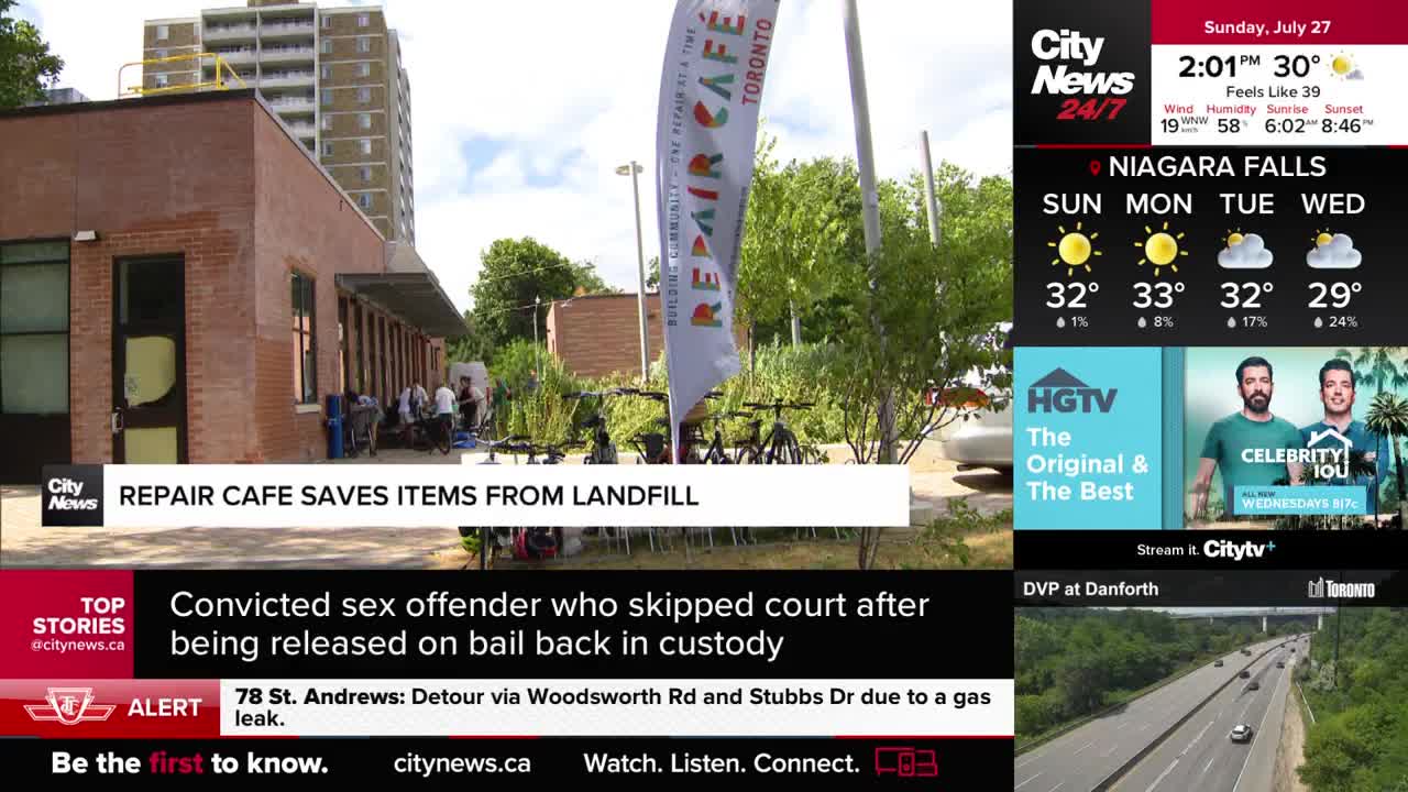 Outside a brick building, a "Repair Cafe Toronto" banner flaps in the breeze. People are gathered near bicycles, and the CityNews Toronto graphic indicates a segment about saving items from the landfill.
