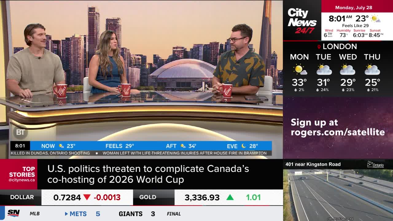 Three people are seated behind a desk, discussing news on CityNews Toronto. The backdrop shows a cityscape, and the on-screen graphics display weather information for London, Ontario.
