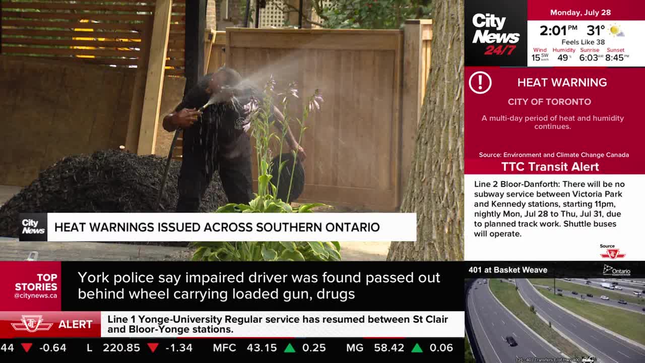 A man is spraying water from a hose onto plants, likely to cool them down. CityNews Toronto is reporting a heat warning issued across Southern Ontario, with temperatures feeling like 38 degrees.
