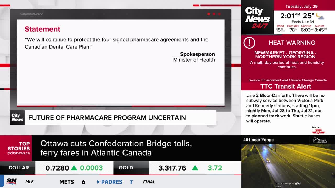 A CityNews Toronto graphic displays a statement from the Minister of Health about pharmacare agreements. Beside it, a heat warning and a TTC transit alert scroll across the screen.
