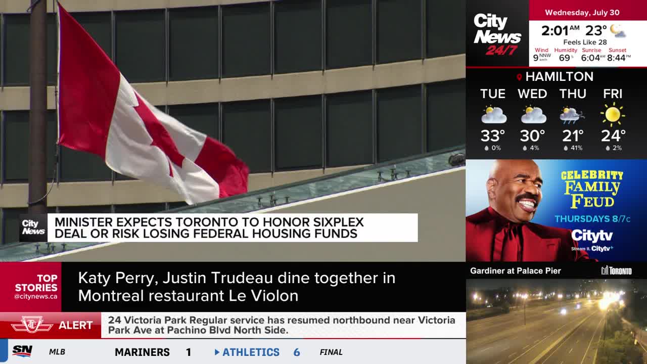 The Canadian flag whips in the wind above a CityNews Toronto broadcast, next to a weather report for Hamilton. A headline mentions a minister's expectations for Toronto regarding housing funds.
