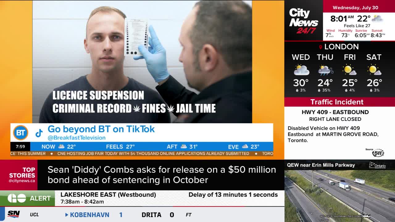 A man in a dark shirt stares forward as someone in blue gloves holds a card up to his face. The CityNews Toronto weather report shows a sunny forecast for the weekend.
