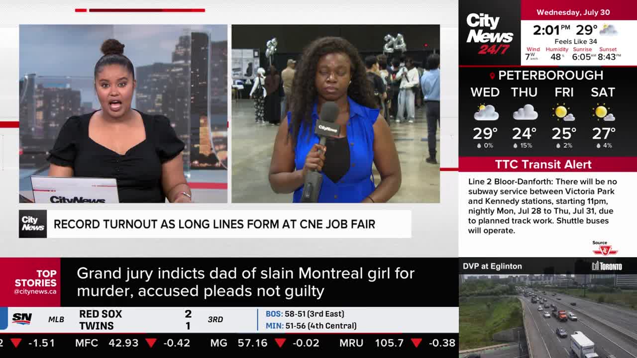 A CityNews Toronto anchor speaks passionately about the record turnout at a CNE job fair. Beside her, another reporter stands in front of a crowd, microphone in hand, reporting live.
