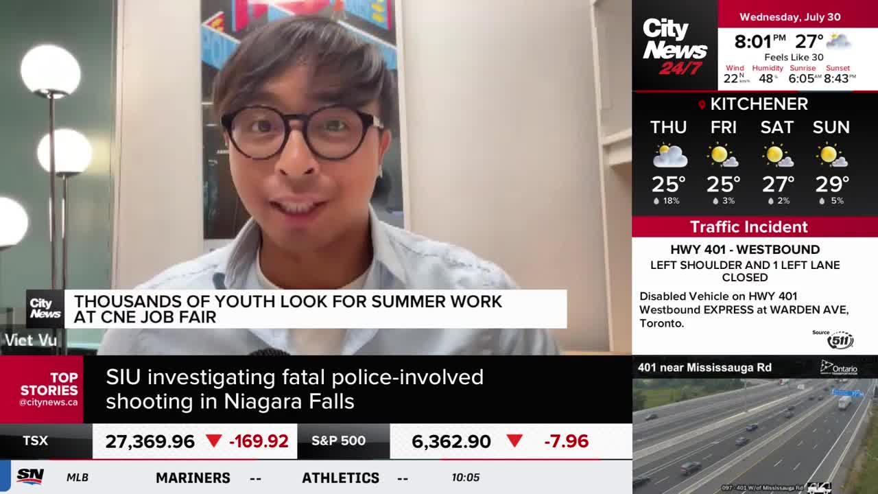 The CityNews Toronto anchor, Viet Vu, is speaking directly to the camera, his face lit up. Graphics about the CNE job fair and a police investigation in Niagara Falls scroll below.
