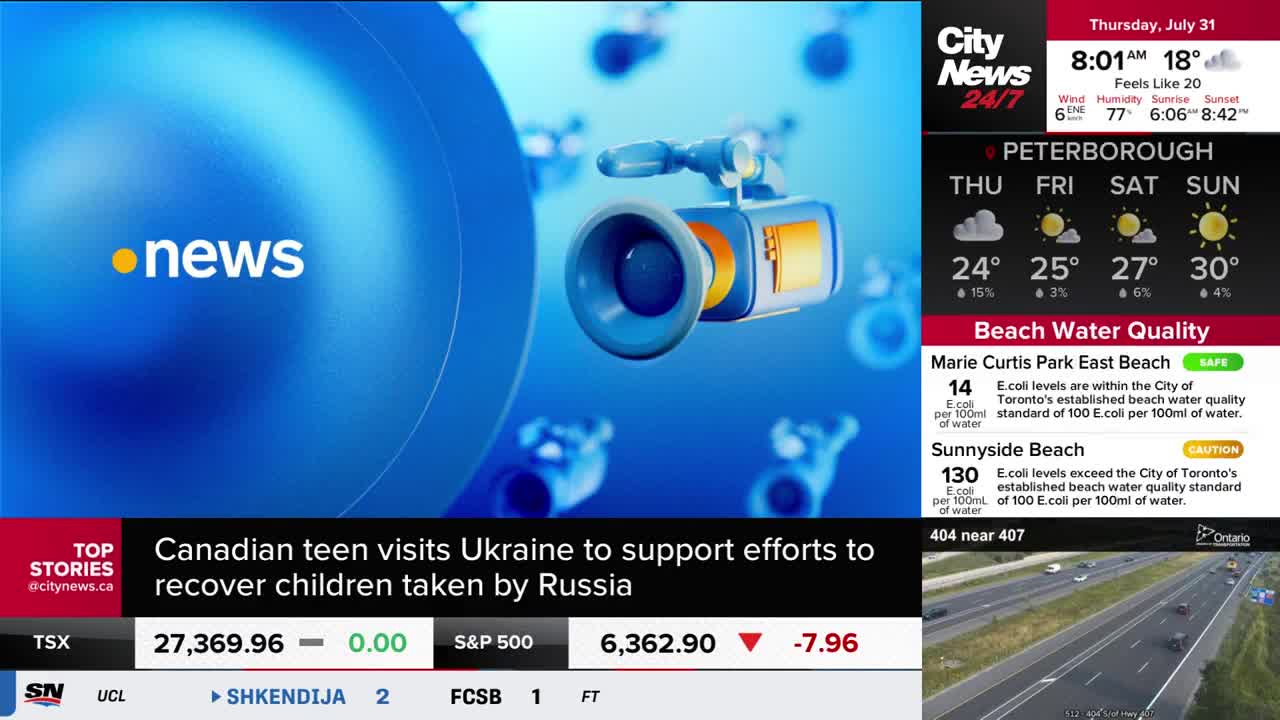 A CityNews Toronto graphic shows a cartoon video camera floating against a blue background. Below, headlines discuss a Canadian teen's trip to Ukraine, and the stock market numbers are visible.
