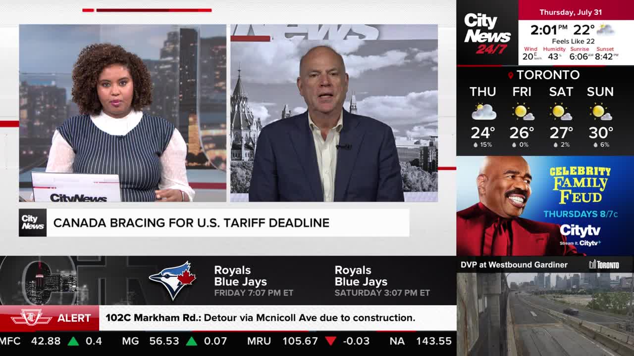 A CityNews Toronto broadcast is underway, with a woman and a man speaking from separate screens. The lower third banner alerts viewers to a detour on Markham Road and lists Blue Jays game times.
