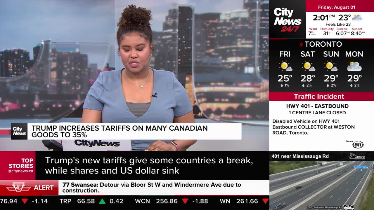 A CityNews Toronto anchor is reporting on Trump's new tariffs, with headlines and alerts scrolling below. The screen displays the weather forecast and a traffic incident on the 401.
