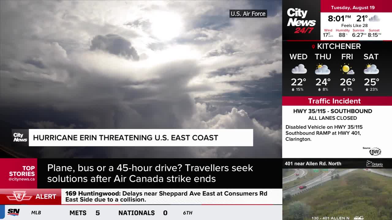 Dark, swirling clouds dominate the screen, with a bright patch of light breaking through. CityNews Toronto's coverage highlights the threat of Hurricane Erin to the U.S. East Coast.
