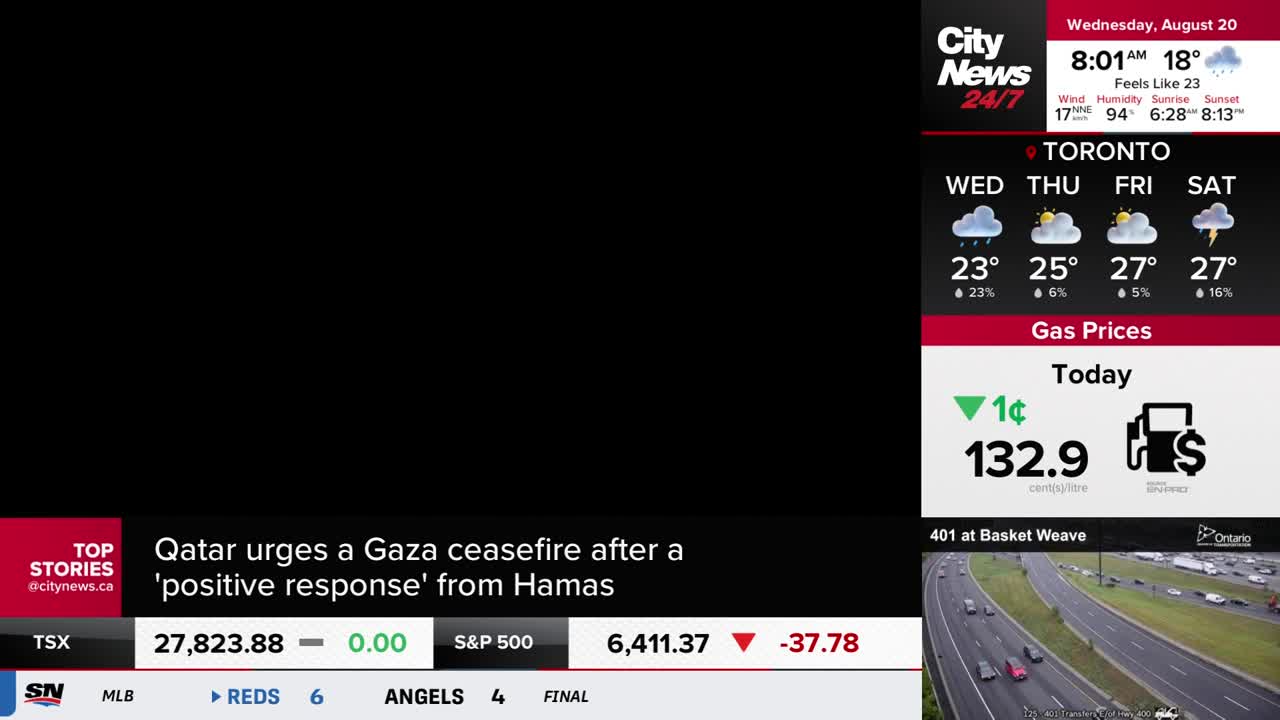 CityNews Toronto is broadcasting the weather forecast, gas prices, and traffic conditions. A headline about a Gaza ceasefire sits below the stock market data, with the TSX showing a flat performance.

