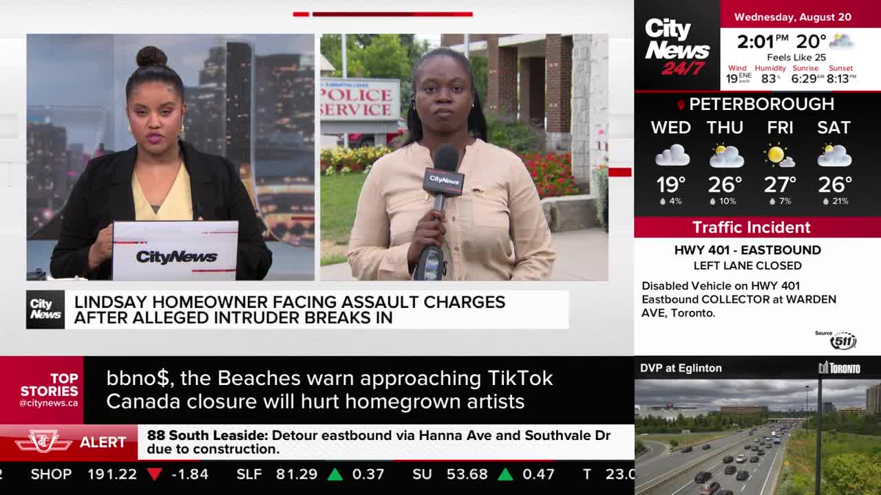 A CityNews reporter in Toronto stands outside, microphone in hand, reporting from in front of a building. The screen shows a split view, with another anchor in the studio.
