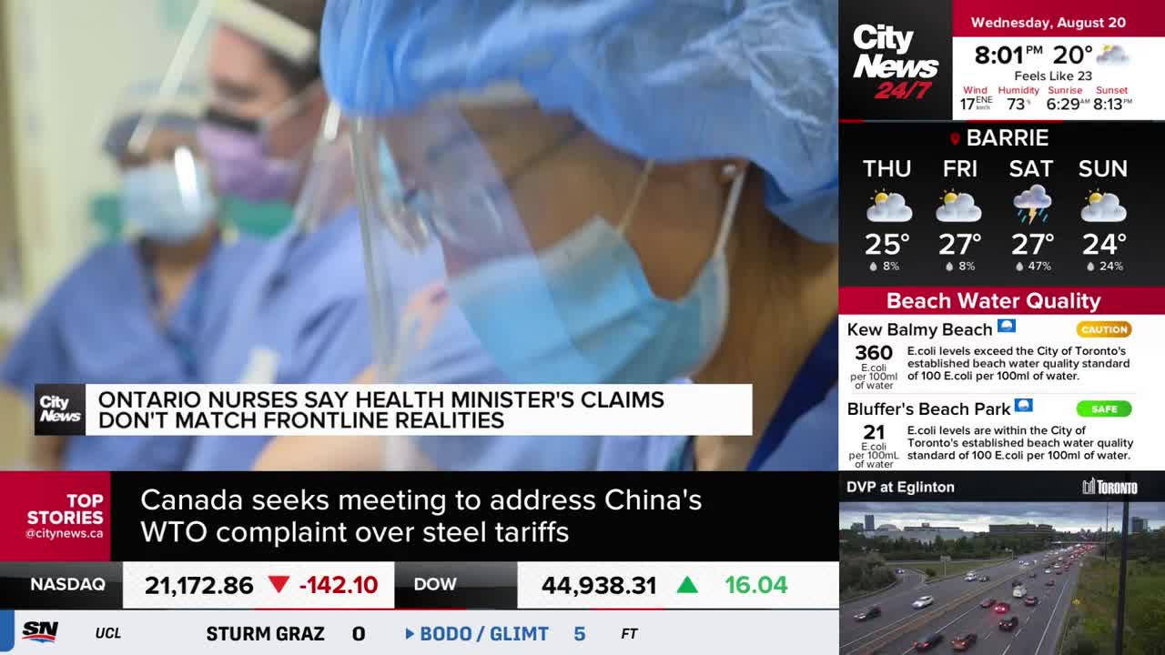 A healthcare worker in blue scrubs and a face shield is the focus, their face partially obscured by a surgical mask. CityNews Toronto's headline about Ontario nurses is displayed below.
