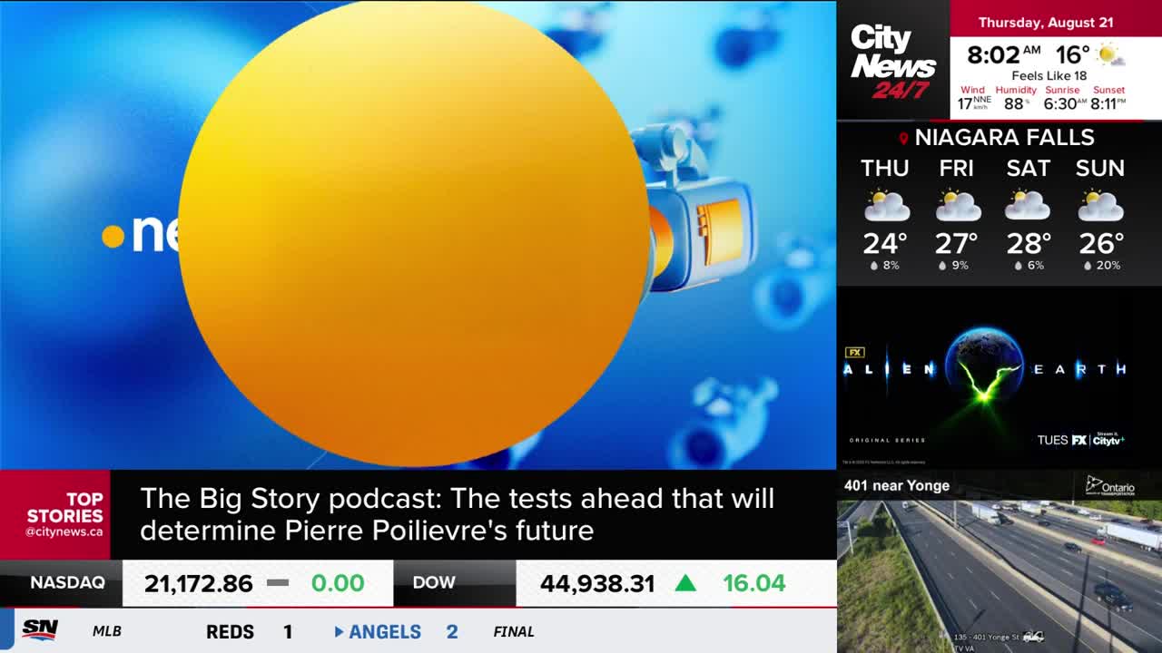 A large yellow sphere dominates the screen, with a CityNews Toronto logo in the corner. Below, a headline from "The Big Story" podcast discusses Pierre Poilievre's future.
