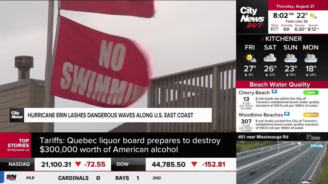 A red "NO SWIMMING" flag flaps violently in the wind. CityNews Toronto is reporting on dangerous waves along the U.S. East Coast, and the flag underscores the risk.
