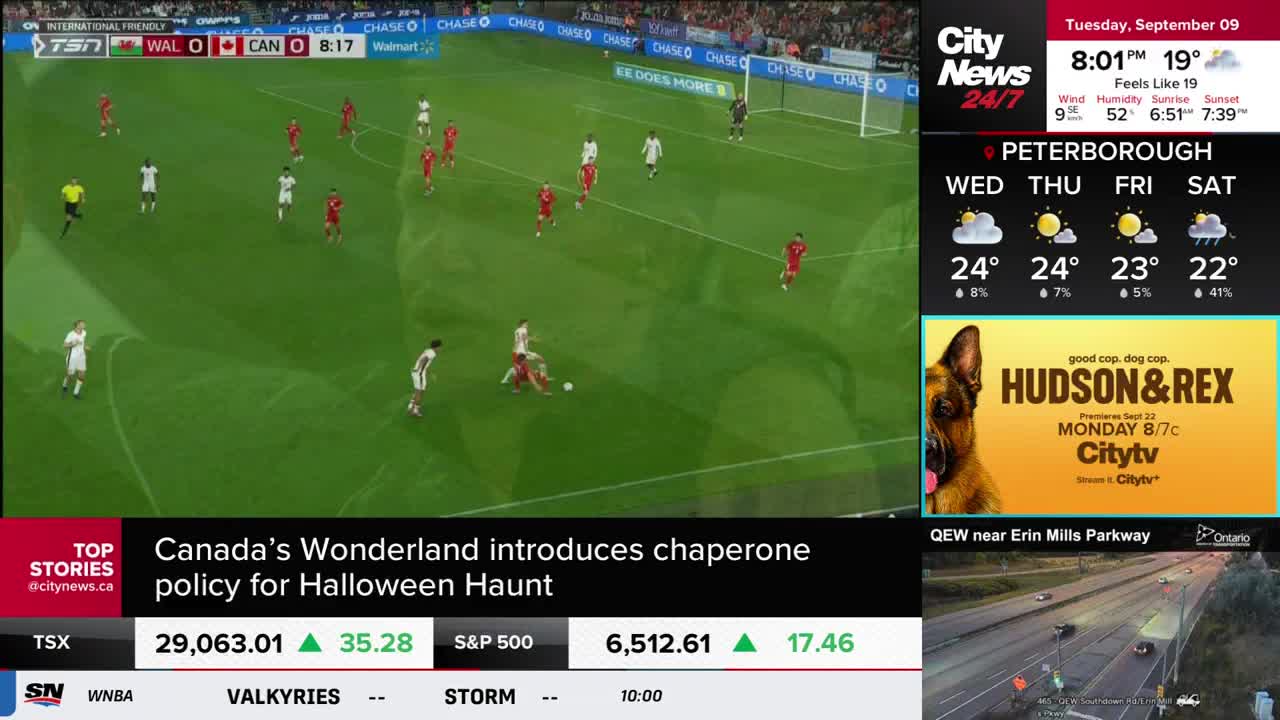 The Canada vs. Wales soccer match is underway, with players in red and white jerseys spread across the green field. The CityNews Toronto broadcast shows the score at 0-0, with just over eight minutes played.
