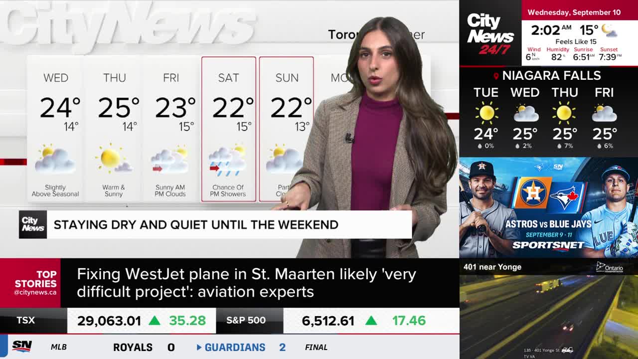 A CityNews Toronto anchor is speaking, gesturing towards a weather forecast. The screen beside her shows temperatures for the week, along with a graphic for a baseball game.
