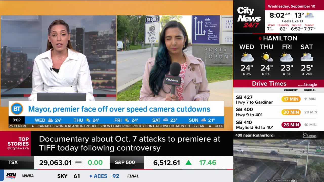A CityNews Toronto reporter stands outside, holding a microphone in front of a sign that reads "Ports Toronto." Across the screen, a news anchor is speaking in the studio.
